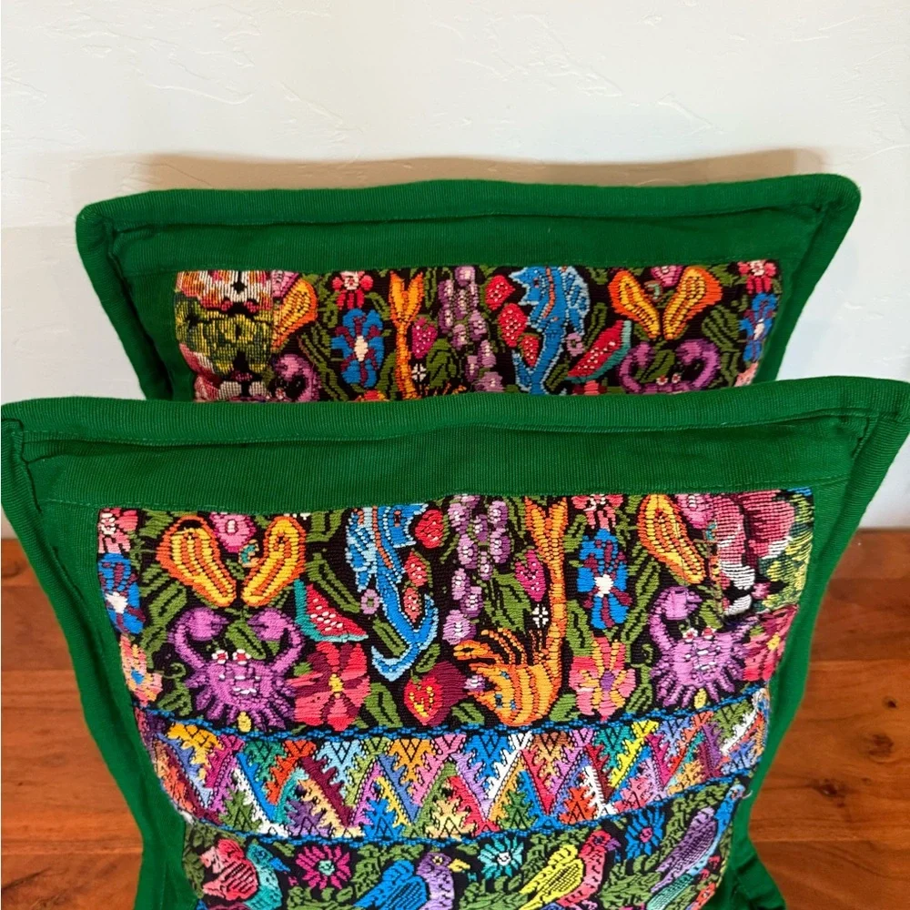 Guatemala handmade Embroidered Throw Pillows pair 18x18” zip birds crab floral